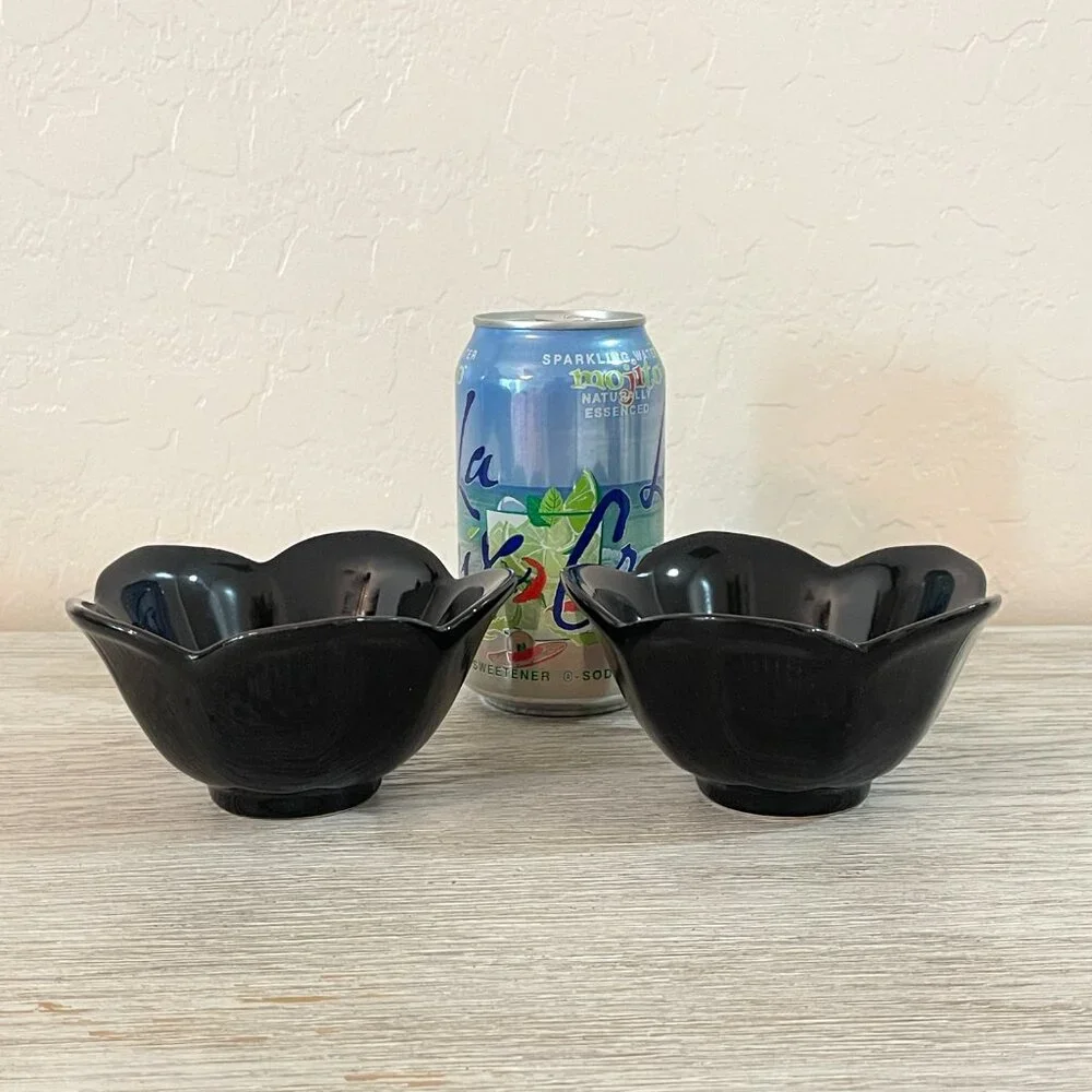 Pier 1 Dishes Bowls Set of 2 Black Flower Shape Ceramic Porcelain